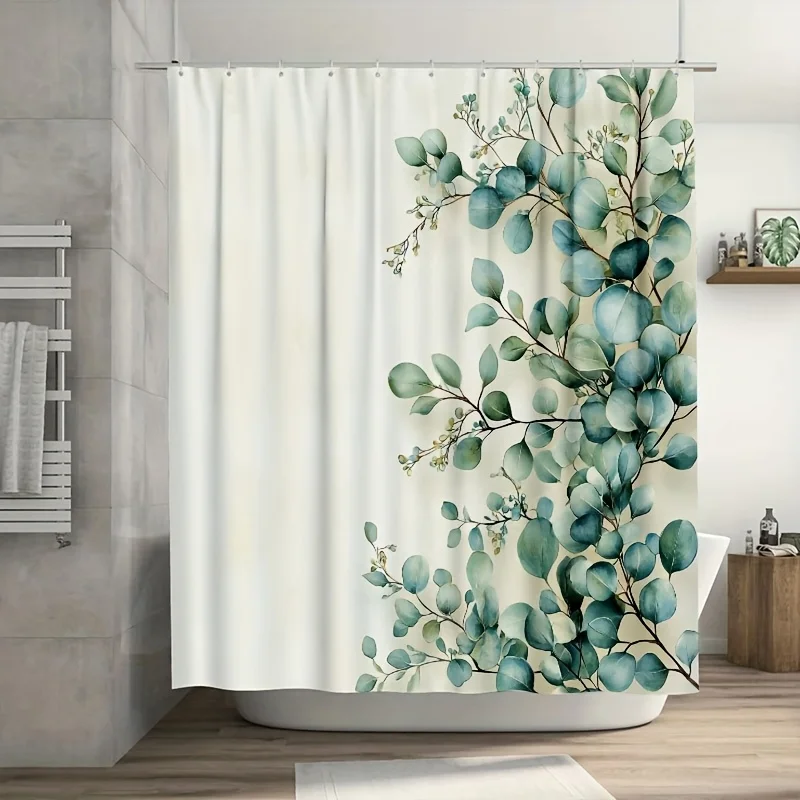 防水ユーカリ植物柄シャワーカーテン浴室ライナー-ボヘミアン風緑の葉水彩画トロピカルジャングル装飾