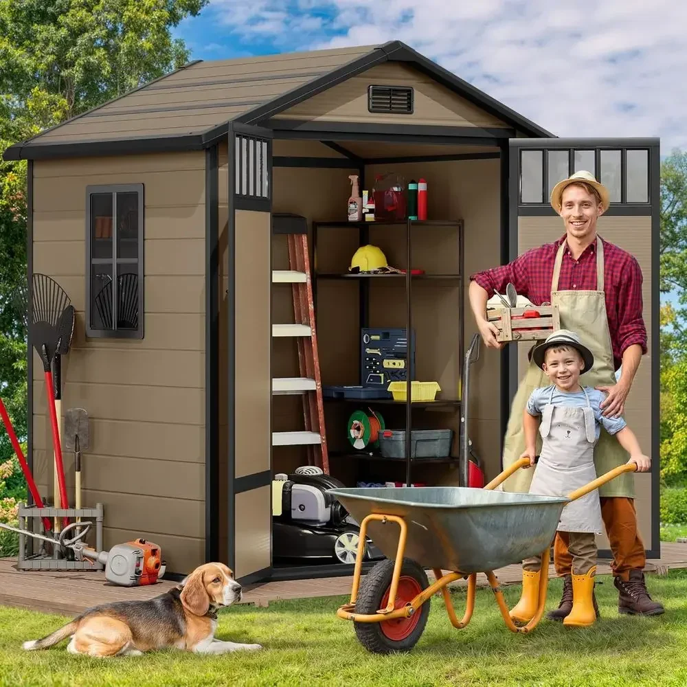 Weather-Resistant Plastic Outdoor Shed with Windows, Sloped Roof, and Elevated Floor for Garden and Yard Tools Storage