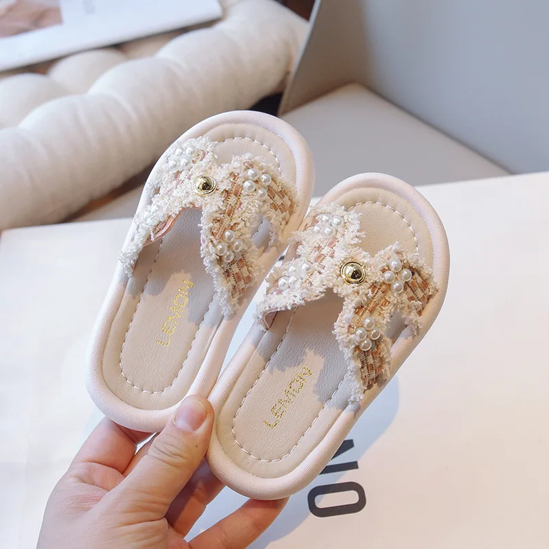 Girls Slippers Summer Kids Chic Checkered Princess Sandals with Simple Pearl Sweet Fashion Elegant Slippers for Children Outdoor