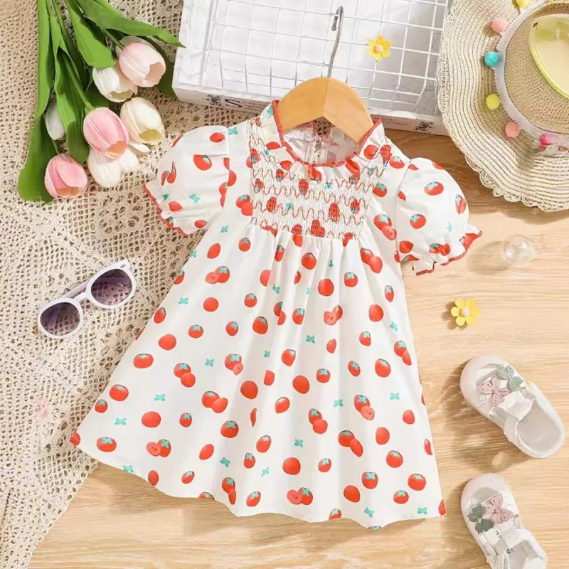 

Summer Baby Girls Dress Fashion Puff Sleeve Cute tomato Print Dresses Thin Breathable Newborn Style Infant Toddler Clothes