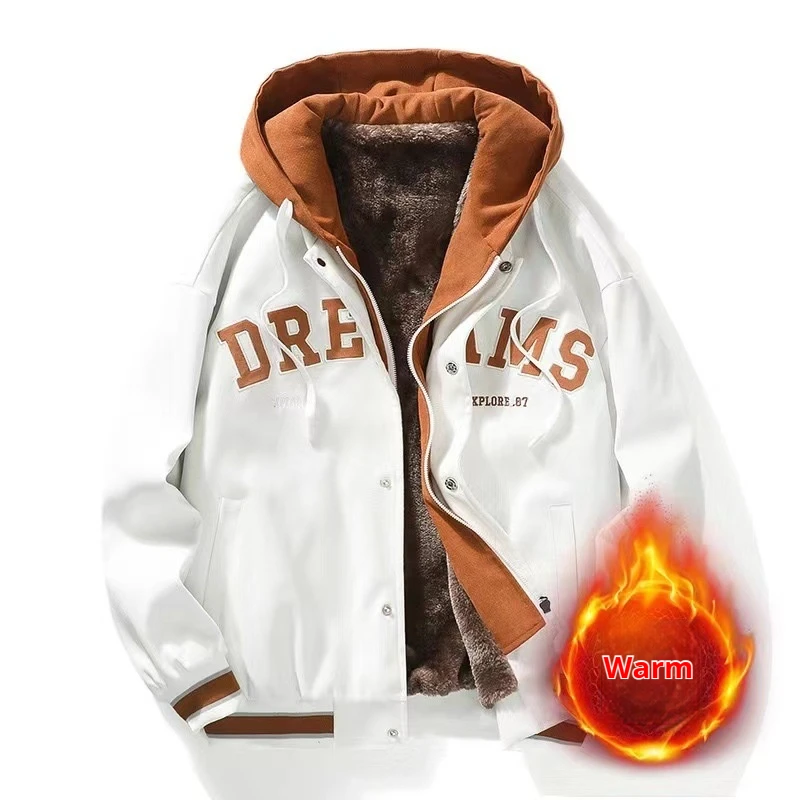 

2024 New Men's Baseball Jacket Hooded Coat Autumn Winter Fleece Lined Streetwear Fashion Casual Zipper Outerwear