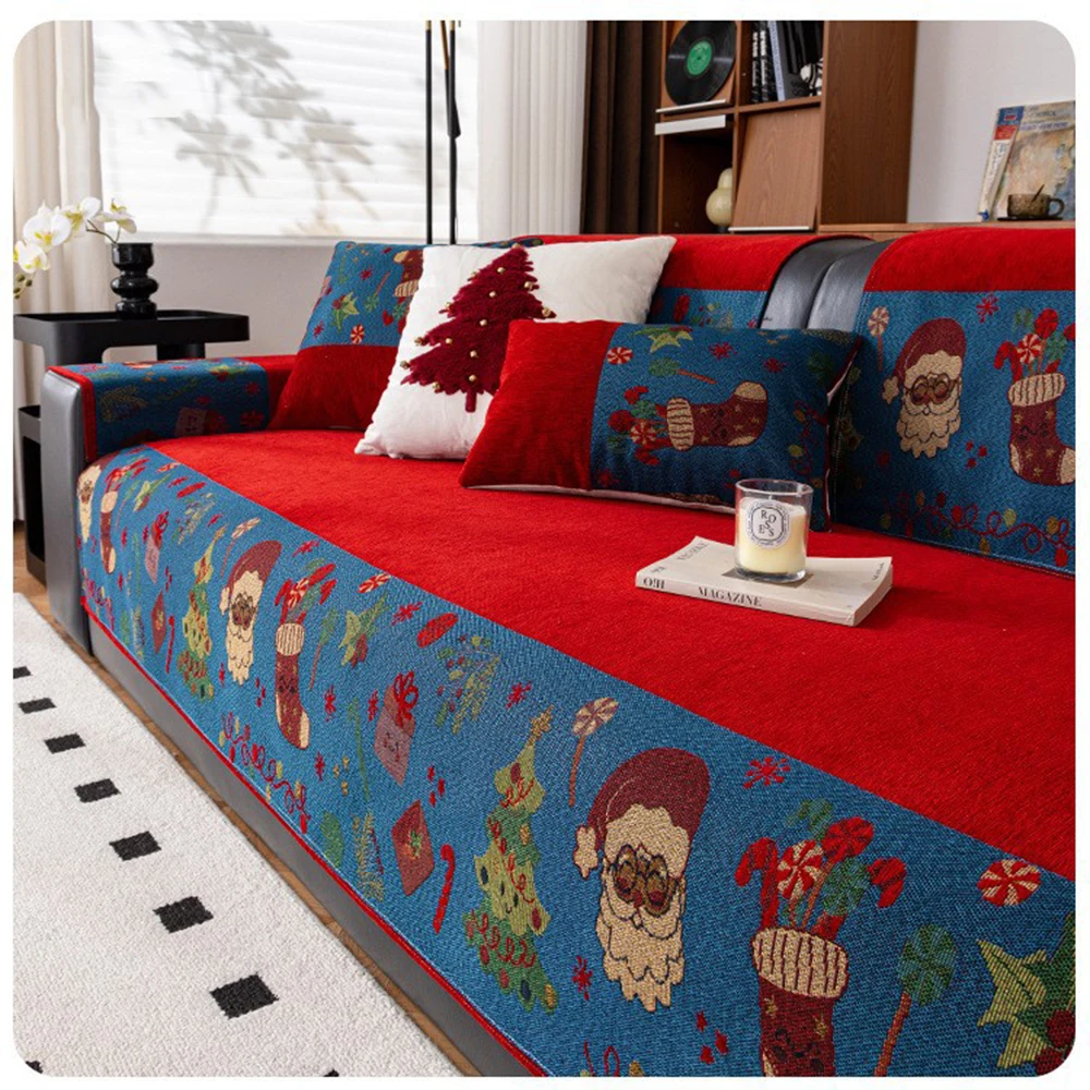 Christmas-Style Chenille Sofa Cushions Cover High-End Straight-Line Anti-Slip Covers Machine-Washable One-Piece Sofa Towel