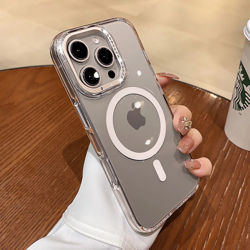 حافظة لهاتف آيفون 16 برو ماكس ذهبية شفافة Magsafe لهاتف آيفون 16 بلس 15 برو ماكس بلينغ الماس حماية العدسة غطاء مقاوم للصدمات