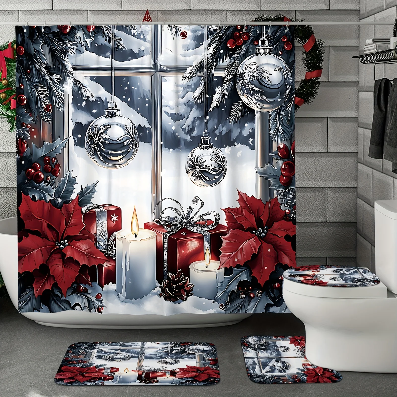 4Pcs Christmas Shower Set, Ball Ornaments Red Silver Leaf Winter Scene, 12 Hooks, Non-Slip Mat, U-Shaped Toilet Cover