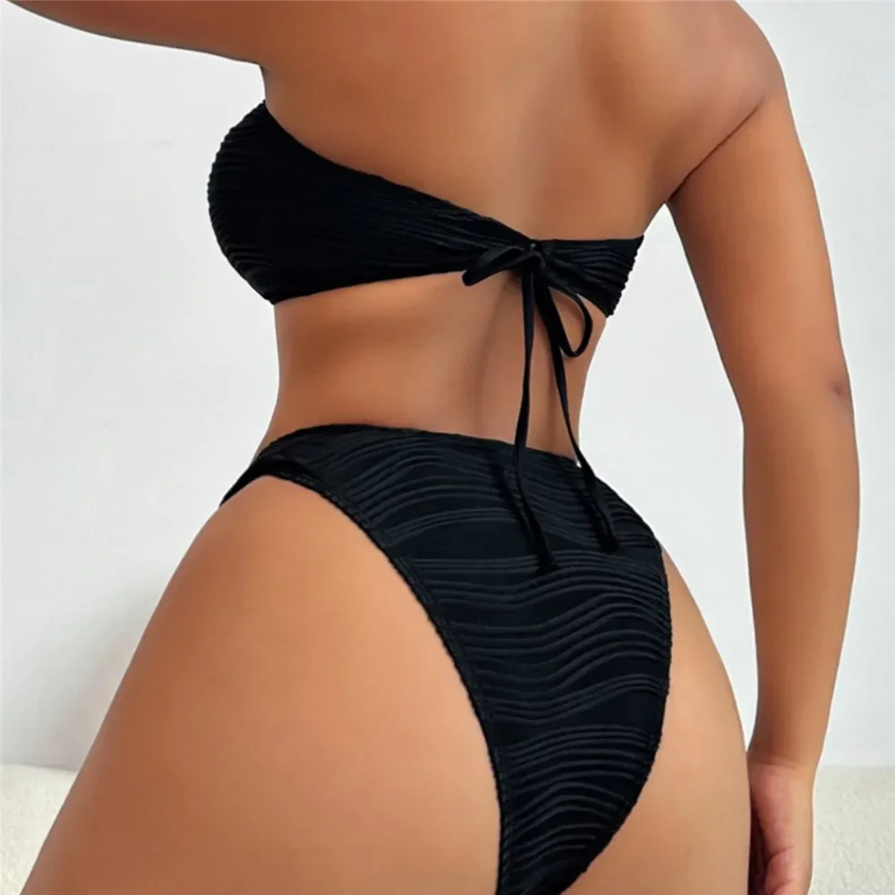 Black Texture Swimwear Back Knotted Bandeau Bikinis Sets Sexy Swimsuit Women Metal Ring High Cut Bathing Suit Bikini 2025 Mujer