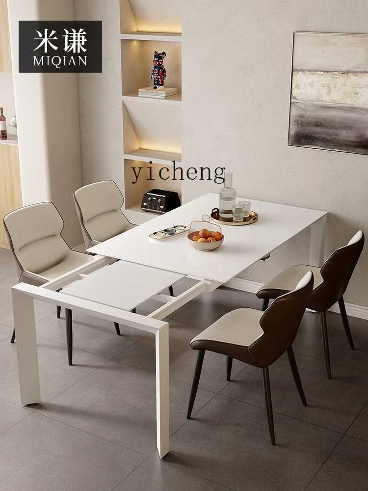 Zws Cream Style Unilateral Retractable Dining Table Household White Stone Plate Dining Tables and Chairs Set