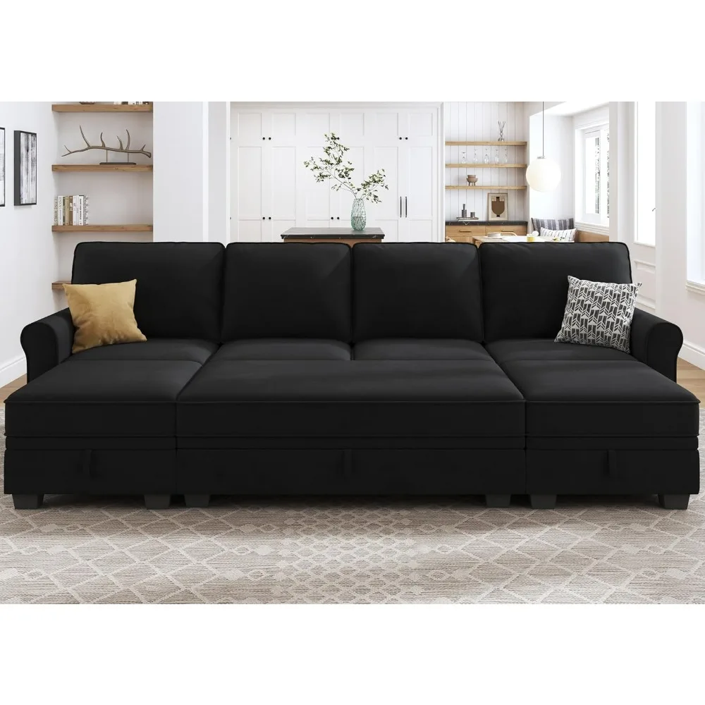 Sectional Sofa Set with Storage Seat Velvet U Shaped Couch with Reversible Chaise Sleeper Sectional Couch Bed for Living Room