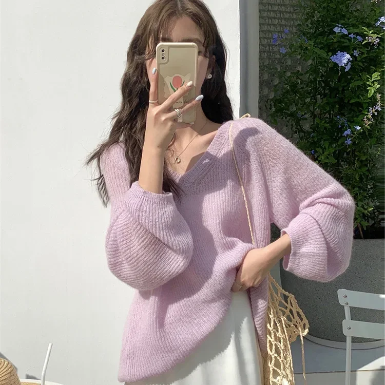 V Neck Knitting Pullovers Long Sleeve Sweater Solid Jumpers Women Clothing Loose Basics Autumn Sweaters 2024 Slight Strech