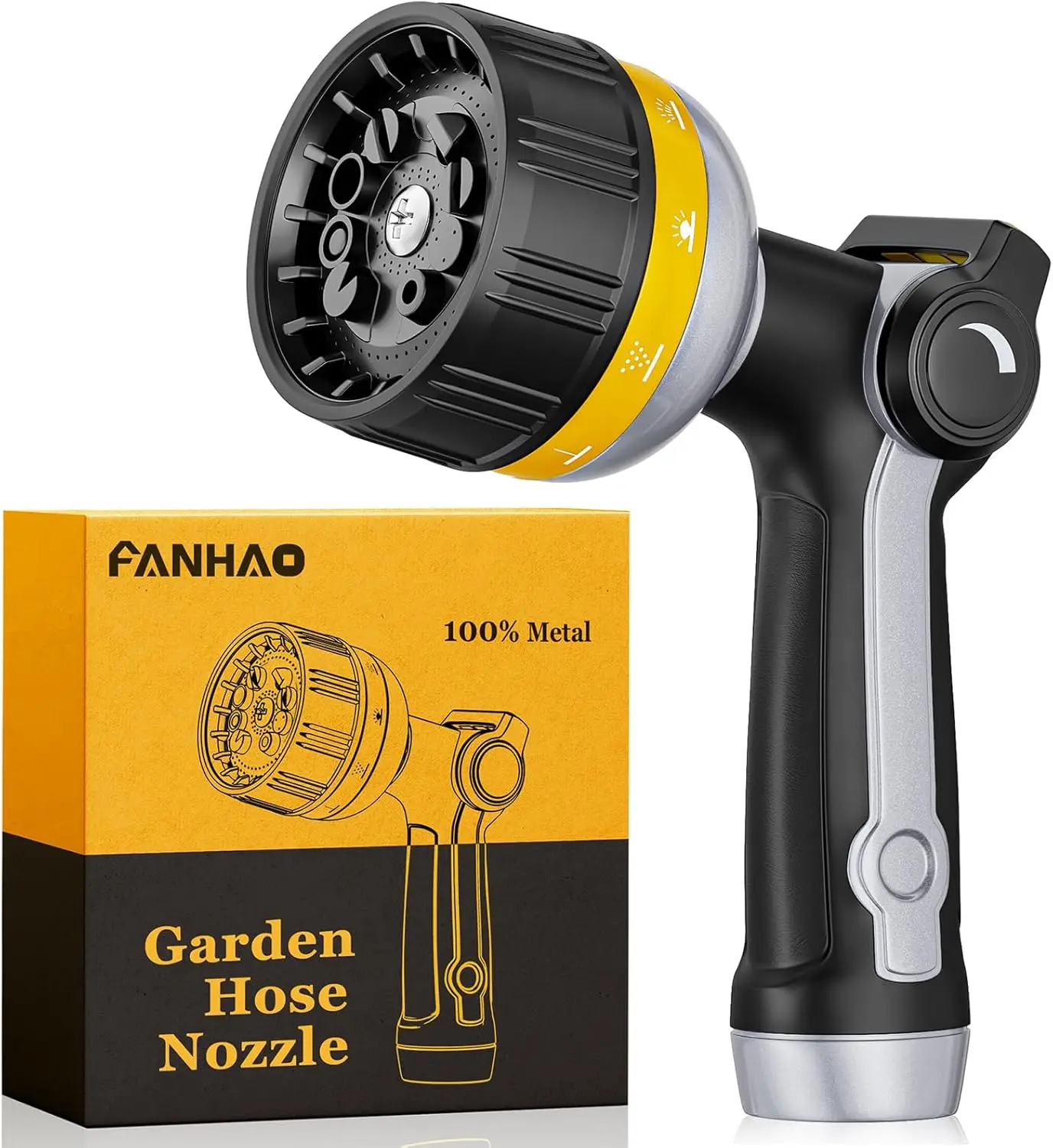 

Heavy Duty Metal Garden Hose Nozzle, 10 Spray Patterns, Thumb Control, On/Off Valve, Yellow