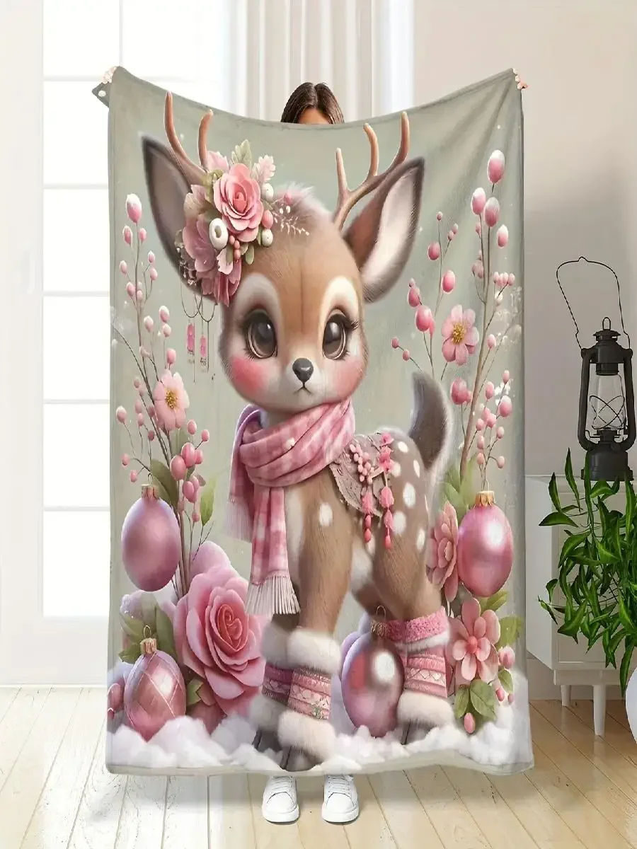 Adorable Deer Throw Blanket with Floral Design Perfect for Kids Rooms Ideal Gift for Girls Soft and Cozy Home Textile