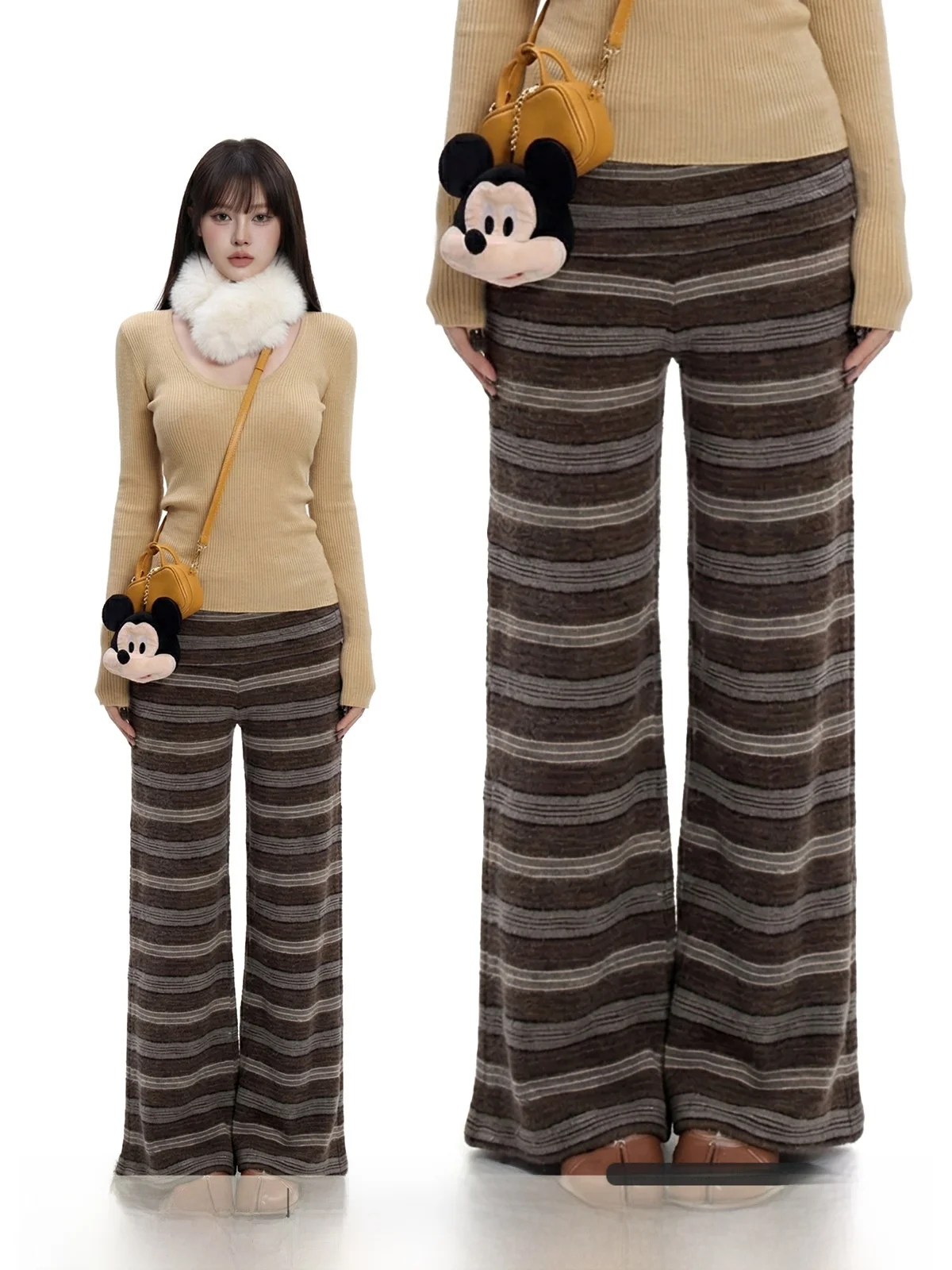 

Женские повседневные брюки с низкой талией в полоску, кофейного цвета, широкие, весенние, новые, винтажные, с эффектом похудения, для повседневной носки