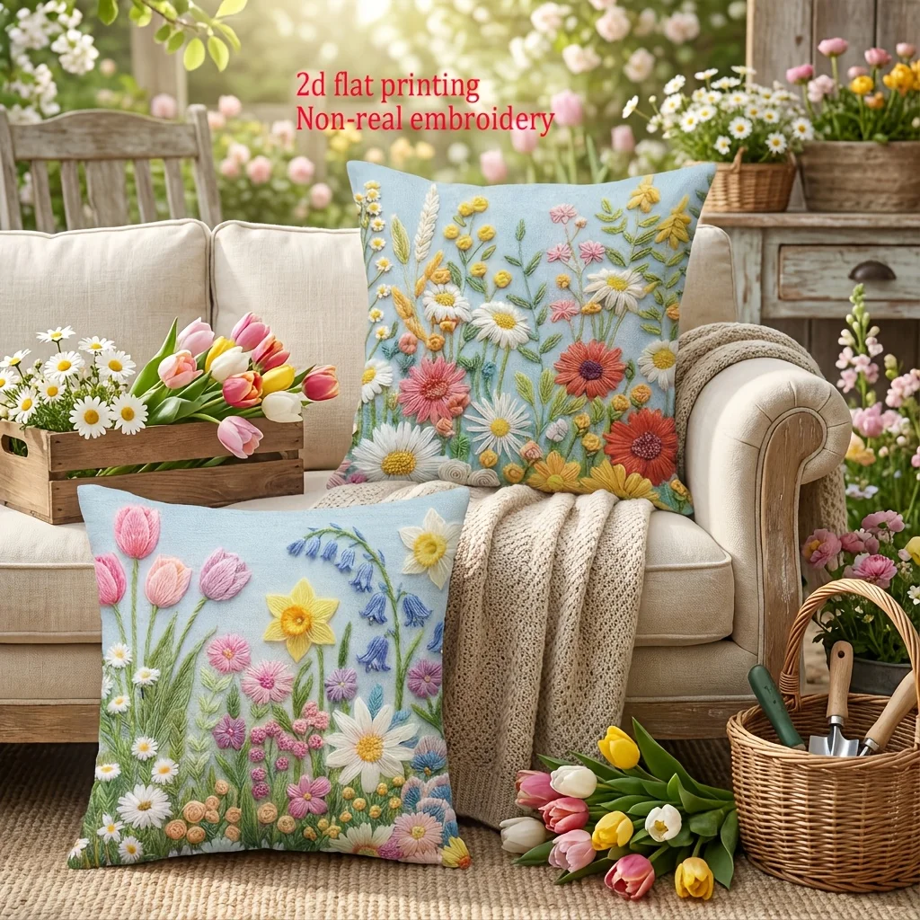 1/4pcs Spring Wildflower Throw Pillow Covers  2D Flat Printed Floral Cushion Cases For Sofa Bedroom Living Room Decor