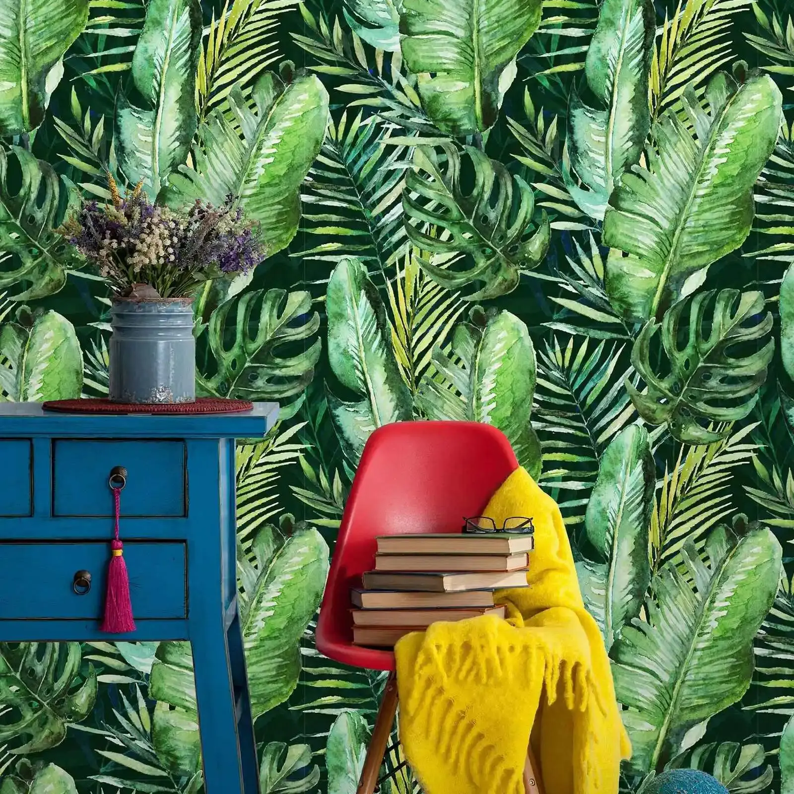 

Обои с зелеными листьями, акварельные пальмовые листья, тропическая настенная роспись для украшения комнаты, самоклеящаяся или традиционная