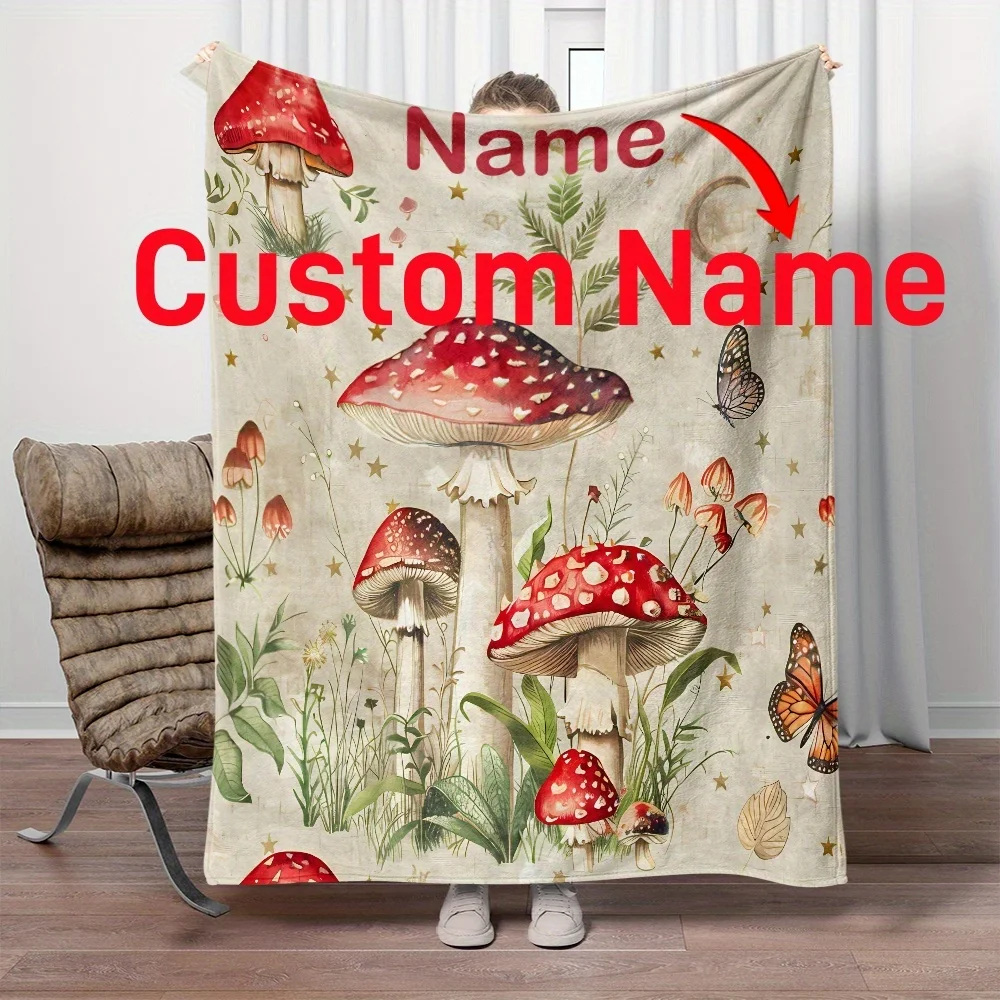 Personalisierter Name: Waldrote Pilzdecke – personalisierte leichte Flanelldecke, geeignet für Sofa, Bett, Reisen, Camping