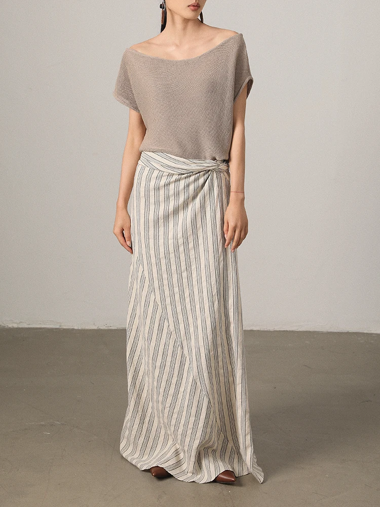 

Vimore Cotton Linen Asymmetrical Side Tied f Skirt Fi Tail Skirt 3D Tailoring Irregular Stripes Commute Vintage Sle