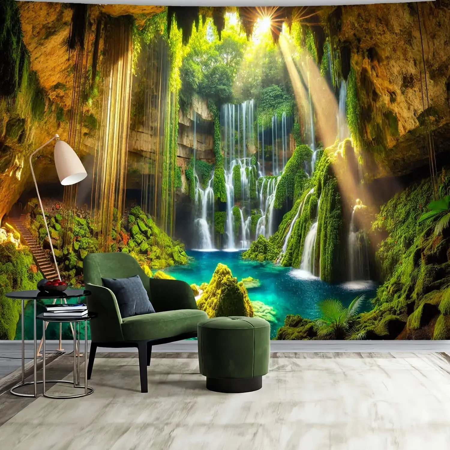 Waterfall Tapestry Tropical Forest Mountain Cave Stone Wall Hanging Scenic Rainforest Landscape for Bedroom Living Room Decor