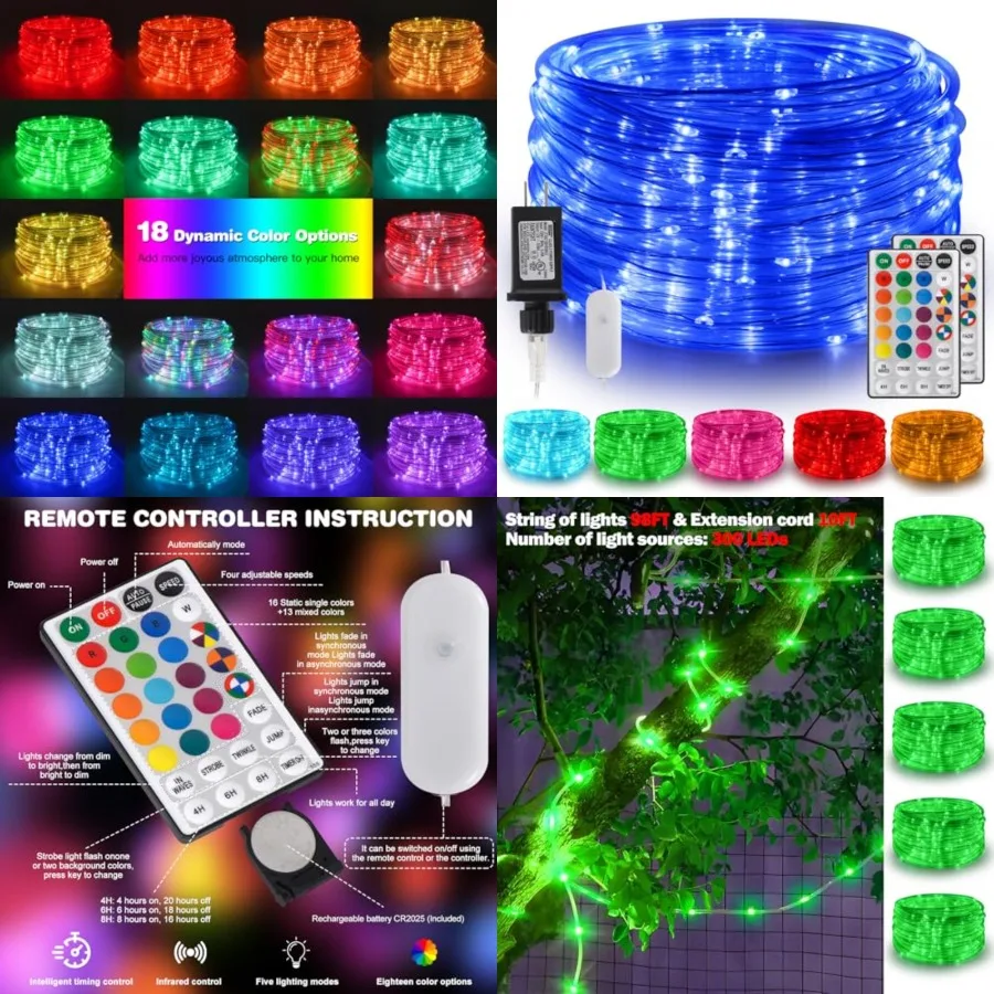 

Gvwoxm 98Feet 300 LED Rope Lights, 18 Colors with Timer, 5 Modes, Waterproof Plug-in Remote Control Camping String Lights for O