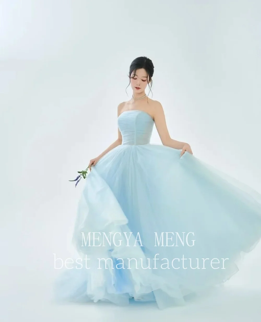 ZHUISHU Fresh Light Blue Tulle Strapless Evening Gown Princess Style 웨딩드레스 Korean Photo Shoot Bridal Gown Party Dress Customized