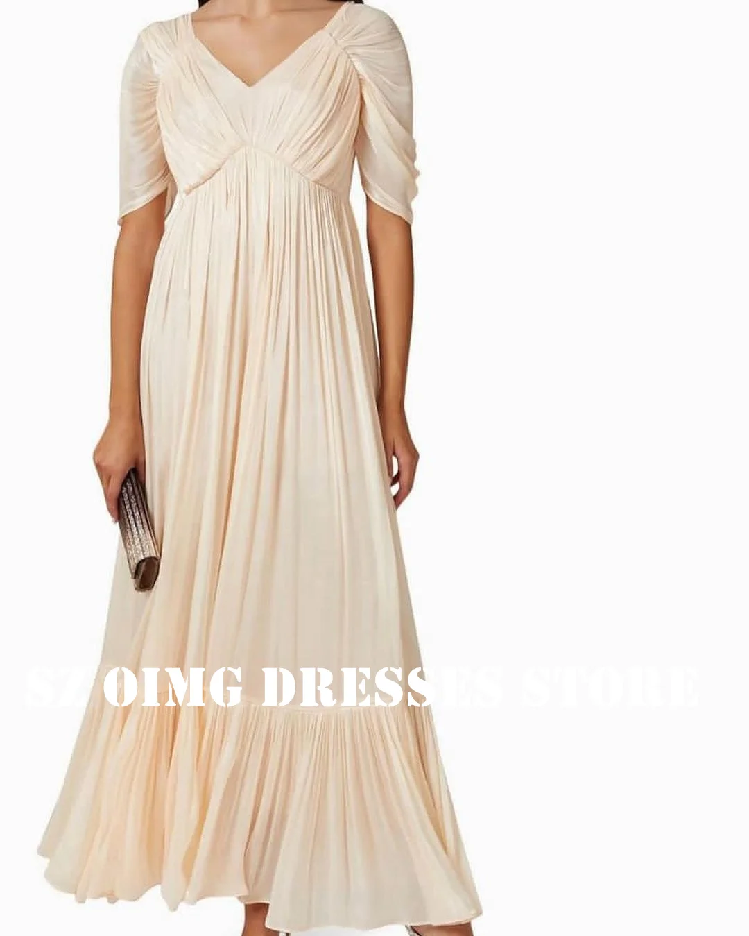 

OIMG New Design Cape Sleeves V-Neck Chiffon Prom Dresses Saudi Arabic Women Champagne Pleated Evening Gowns Formal Party Dress