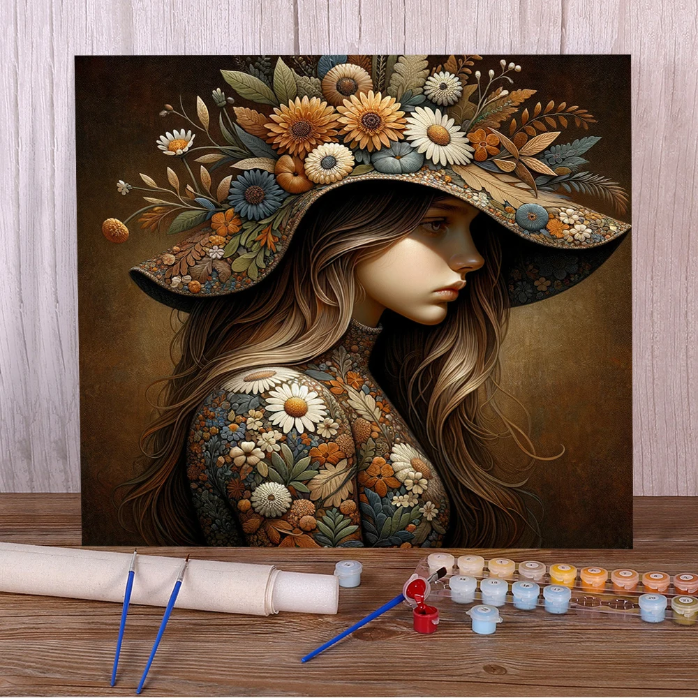 Paquete de pintura por números DIY de niña de las flores, pinturas acrílicas, 40x50, imagen por números, foto, nuevo diseño, manualidades para adultos, trabajo manual