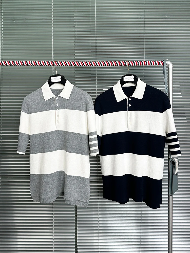 

Летняя хлопковая трикотажная рубашка 25XD с полосатым воротником, коротким рукавом, свободного кроя, повседневная, модная, молодежная