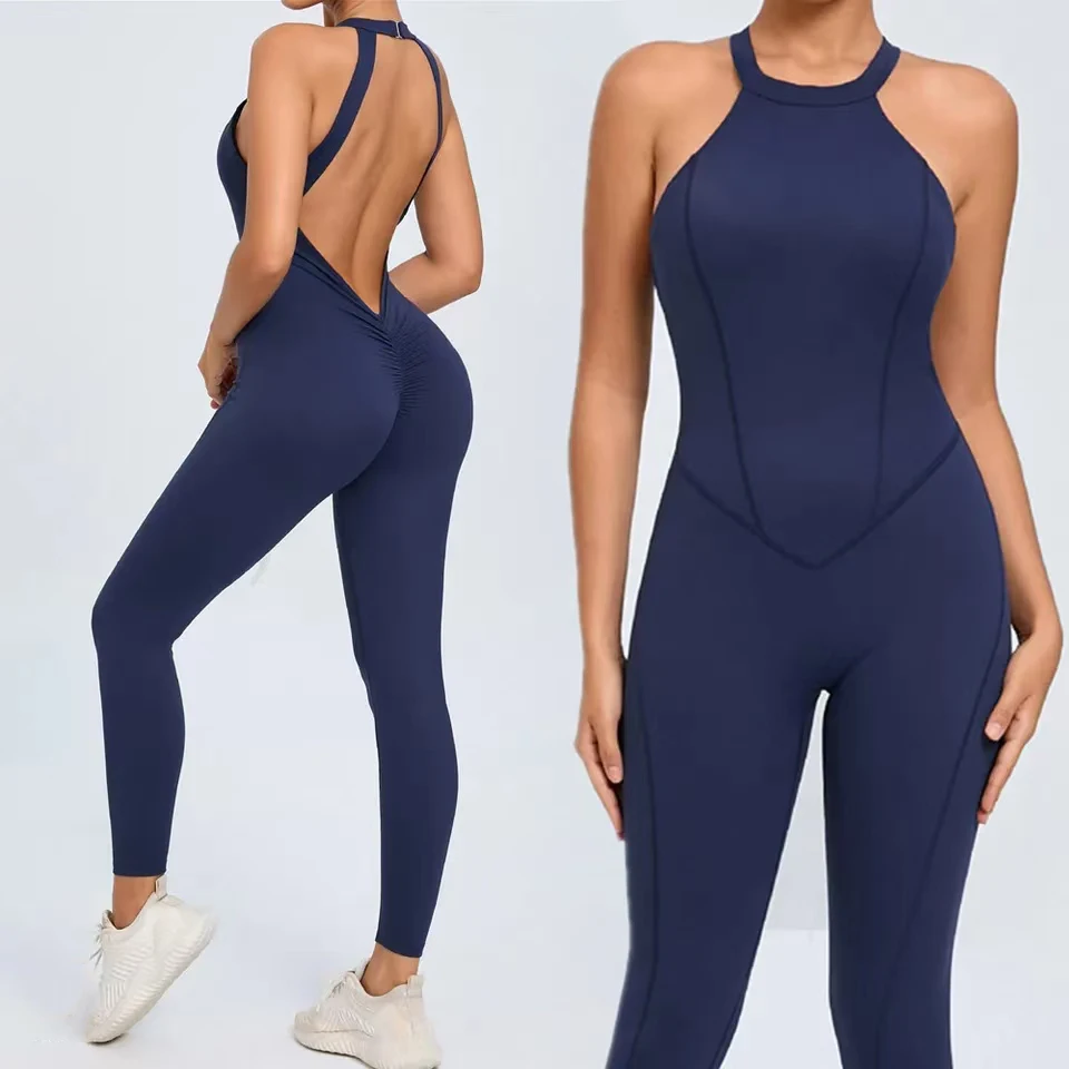Sleeveless Scrunch Fitness Overalls Sexy Hollow Backless Yoga Sport Jumpsuit Women Monkeys One Piece Gym Outfit Workout Clothing