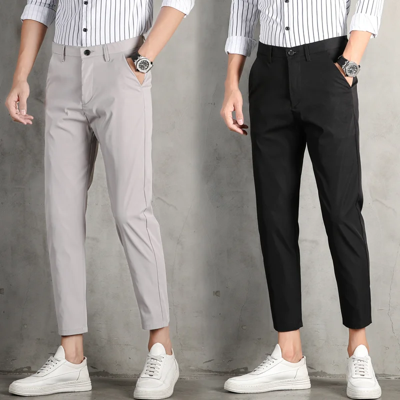 Spring Summer Ice Silk Thin Casual Young Men\'s Slim Fit Suit Pants Solid Button Zipper Pockets Versatile Straight Loose Trousers