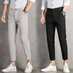 Spring Summer Ice Silk Thin Casual Young Men's Slim Fit Suit Pants Solid Button Zipper Pockets Versatile Straight Loose Trousers