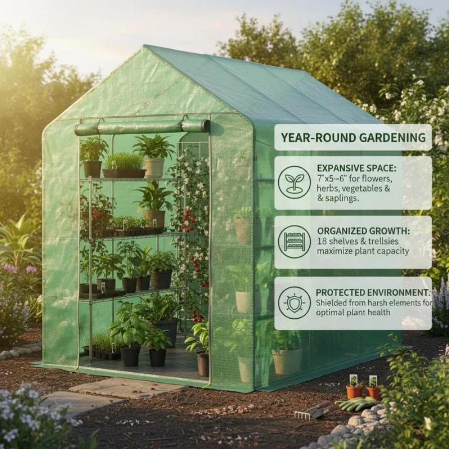 7' x 5' x 6' Walk-in Greenhouse for Outdoors with Mesh Door, 18 Shelf Hot House with Trellis, Plant Labels, UV Protective for Growing Flowers, Herbs, Vegetables, Saplings, Green view 3