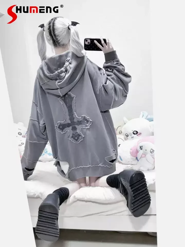 Subculture Mine Cross Hooded Jacket Autumn and Winter Girls Sweet Cool Loose Punk Y2k Long Coat Women Ripped Cardigan Jacket