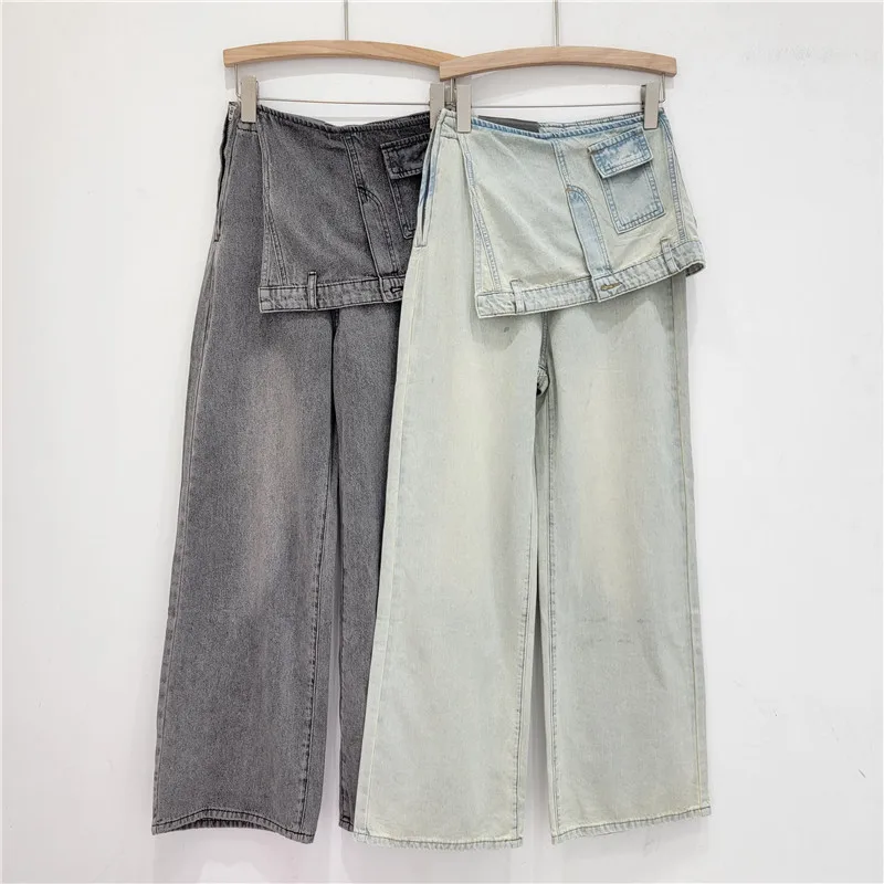 

SuperAen Autumn 2024 European Vintage New Design Washed Denim Vintage Wide Leg Street Fashion Jeans