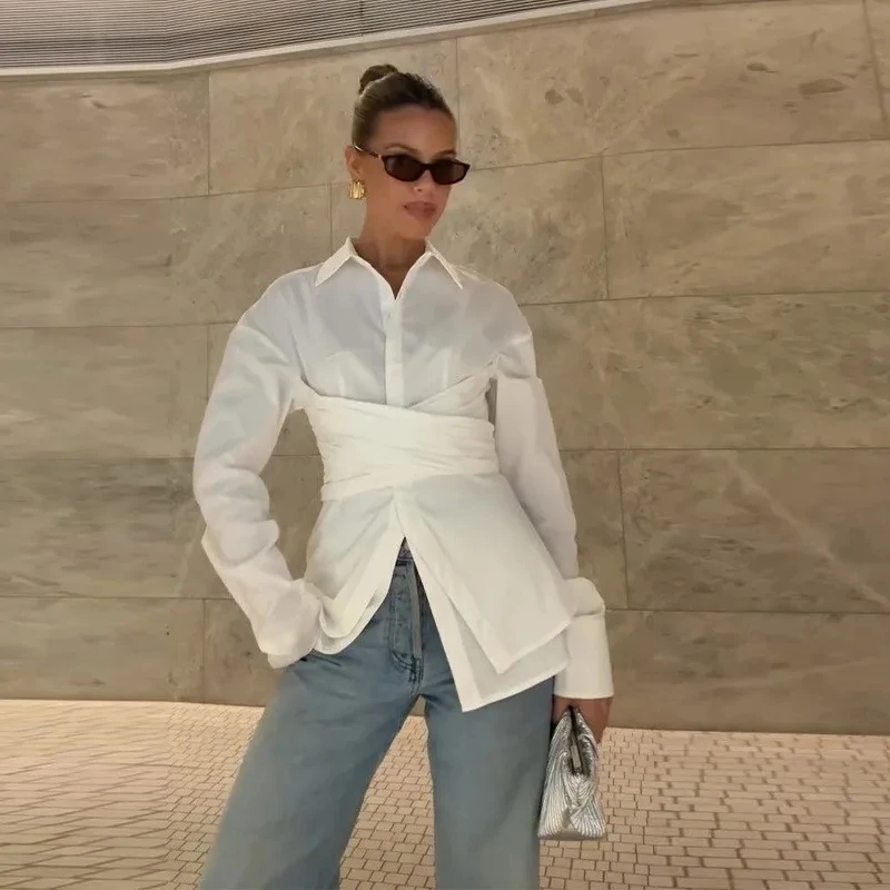 

Office Lady Solid Elegant Female Turn Down Collar Lace Up Patchwork White Shirts 2025 Autumn Lady High Street shirts & blouses