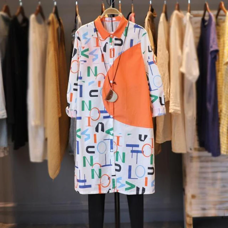 Women Long Shirts Blouse Y2k Retro Vintage Cotton Shirts Female Clothes Pullovers Outerwear Oversized Long Sleeve Ladies Tops