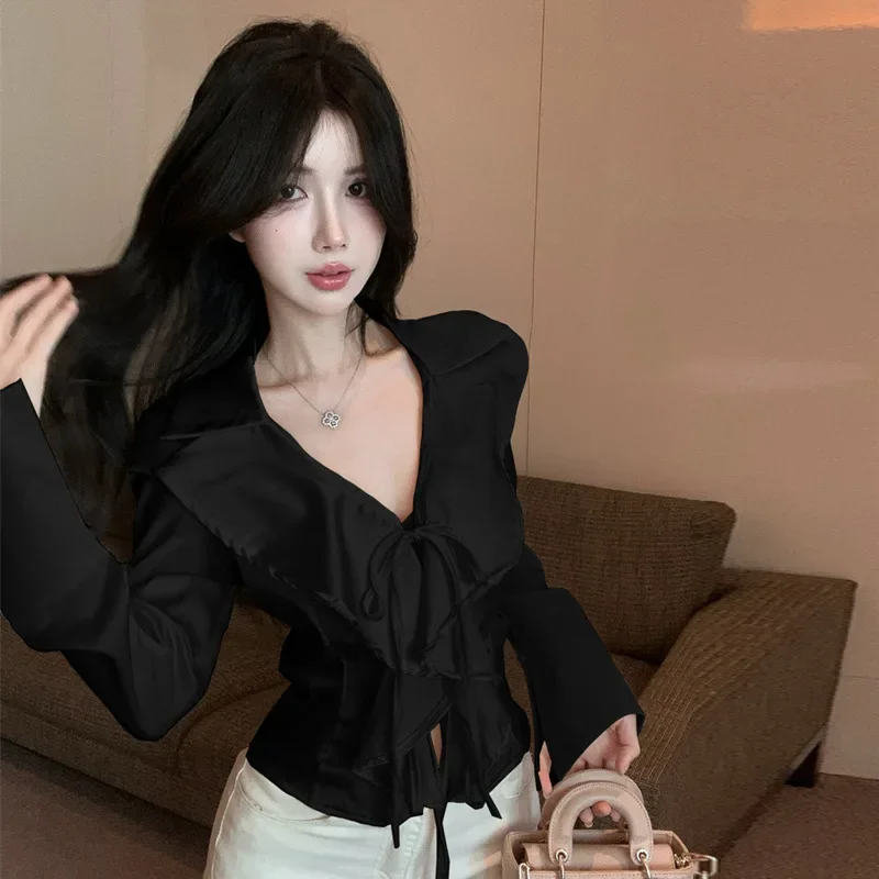 

European and American 2025 Spice Girls Sexy Satin Ruffle Edge Strap Long Sleeve Shirt Top