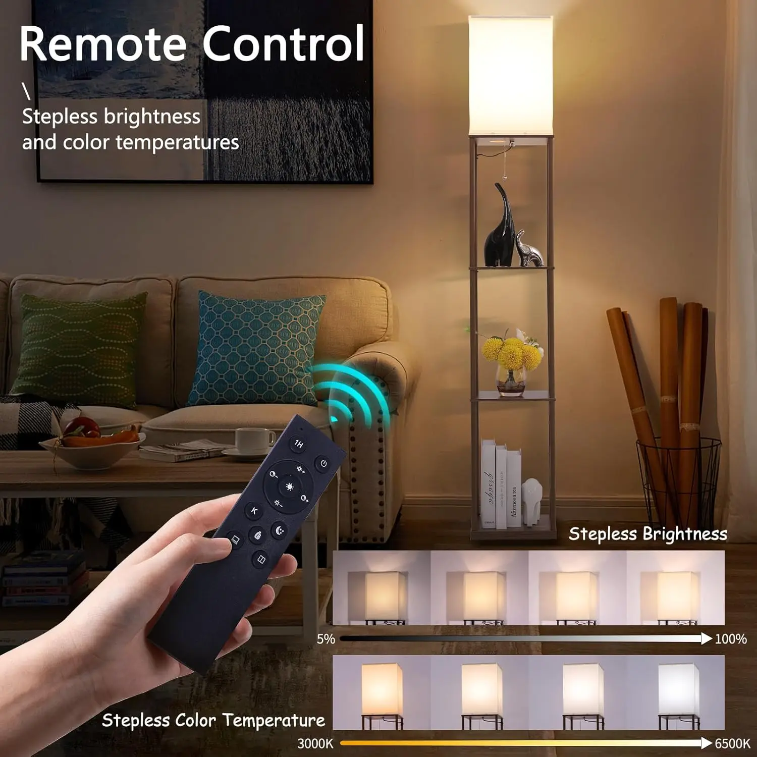 

Floor Lamp With Shelves, Modern Square Standing Lamp With 3-Color Remote Control Dimming Bulb, Corner Display Bookshelf Lamp