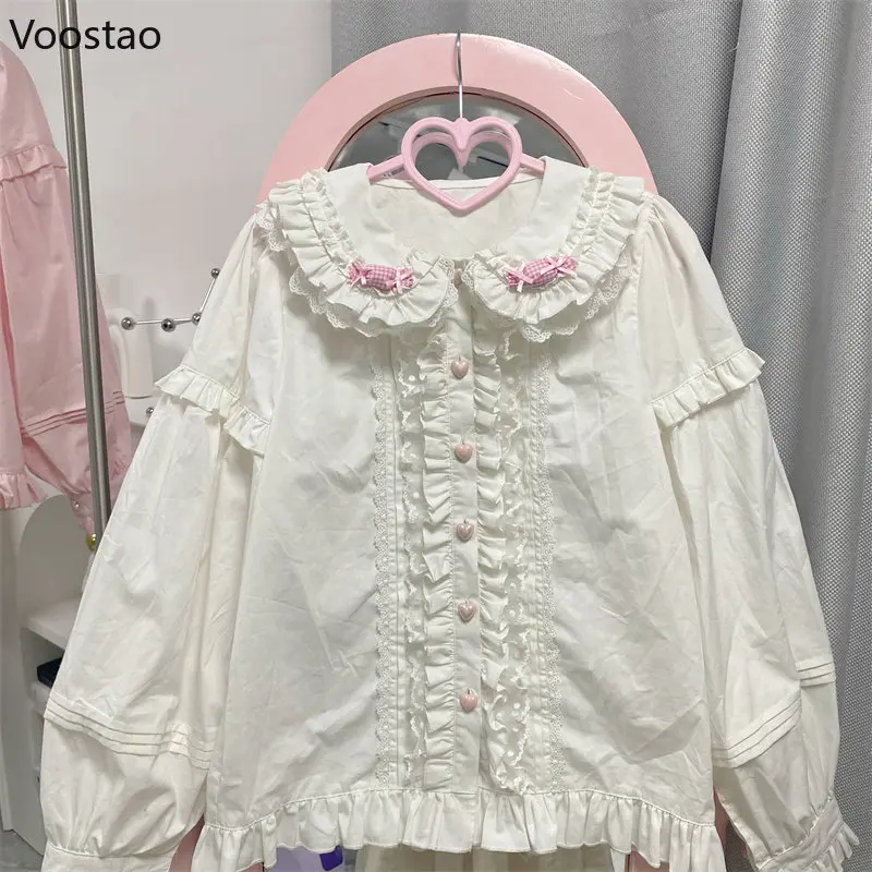 Japanese Cute Lolita Blouses Women Kawaii Candy Peter Pan Collar JK Shirt Tops Girls Sweet Lace Ruffles Puff Sleeve Chic Blouse