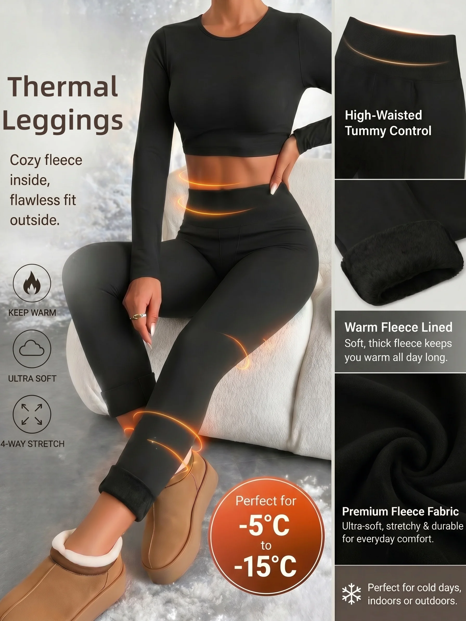 1-Pack Black High Waist Fleece Lined Thermal Leggings Soft Stretchy Warm Slim Pants for Cold Weather Outdoor Activities