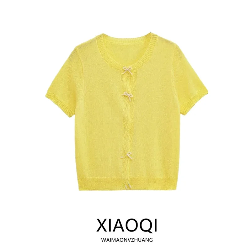 صيف 2025 وصول جديد جاكيت نسائي متماسك بتصميم متعدد الاستخدامات مزين بعقدة فراشة من اللؤلؤ الصناعي 473005 ستايل مريح بأكمام ق... #3