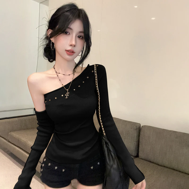 Rivet Off Shoulder Sweaters For Women Sexy Pullovers Asymmetric Knitted Tops