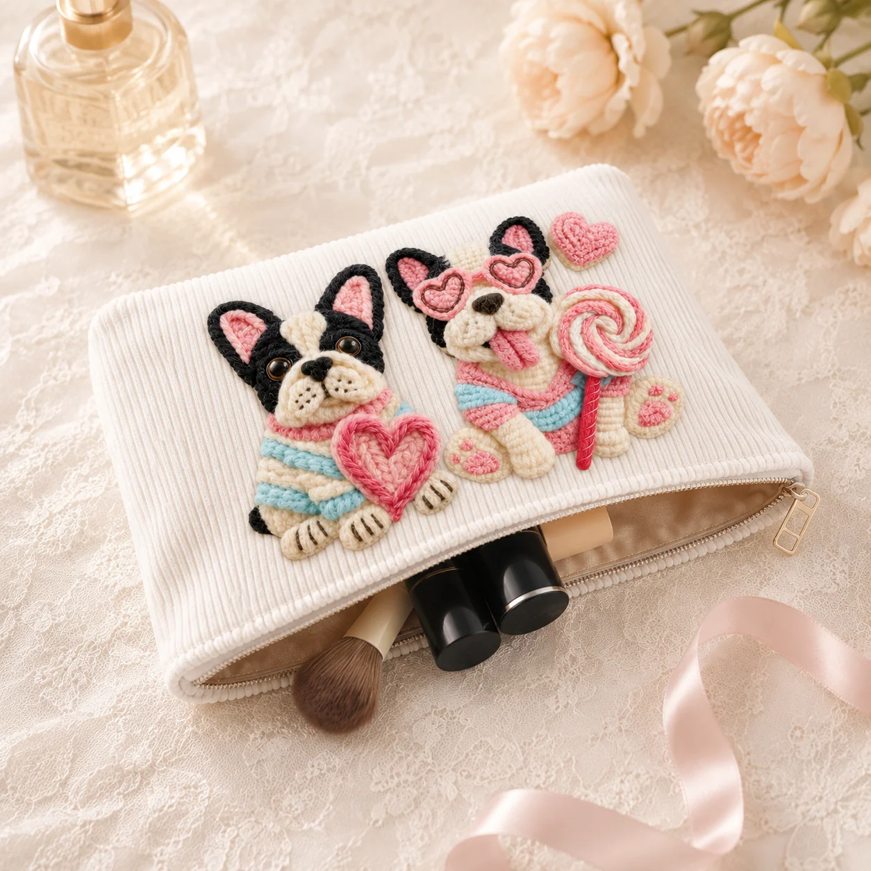 Cute French Bulldog Embroidered Corduroy Cosmetic Bag, Large Zip Makeup Organizer Pouch for Women Girls Travel