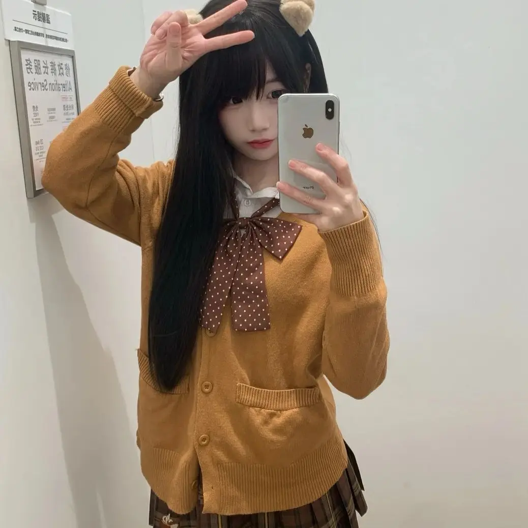 

Early Spring College Style Versatile Caramel JK Uniform Knitted Cardigan Brown Jacket Set Fashionable Three-Piece Suit for Teens