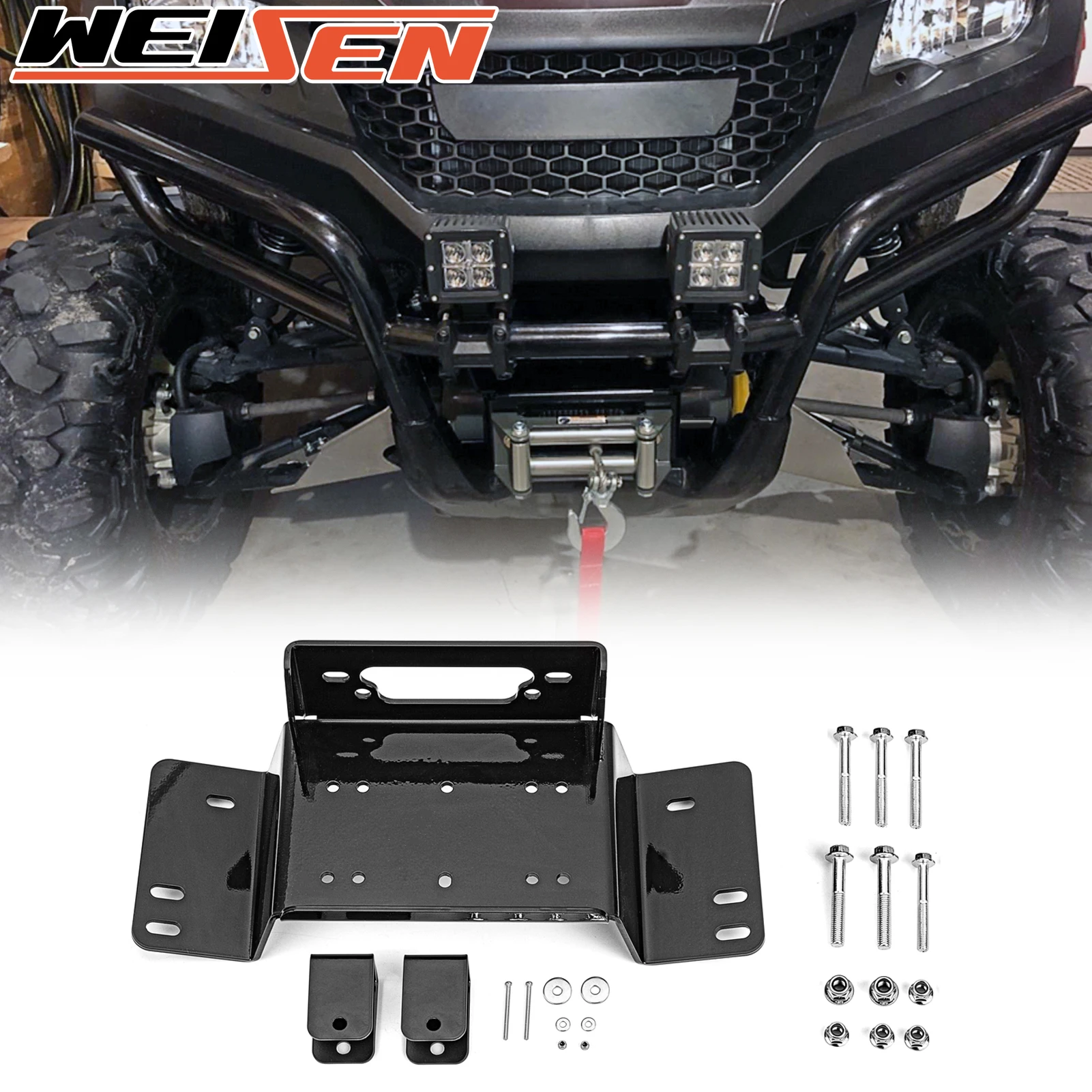 For 2014-2024 HONDA PIONEER 700 and 700-4 UTV Front Bumper Black Winch Mount Plate Kits Heavy-Duty Steel Accessories