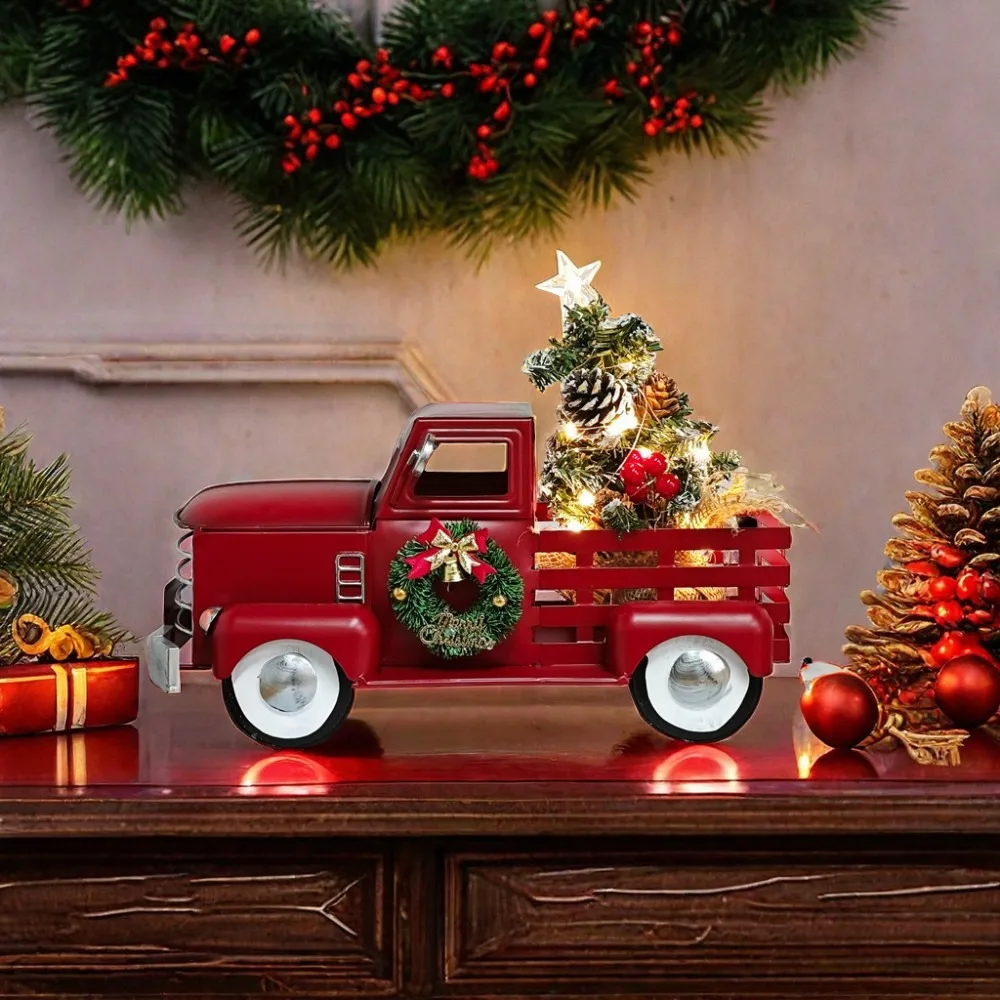 American Rustic Style Red Truck with Christmas Tree Ornament Vintage Metal Christmas Pickup Truck Statue Mini with Light