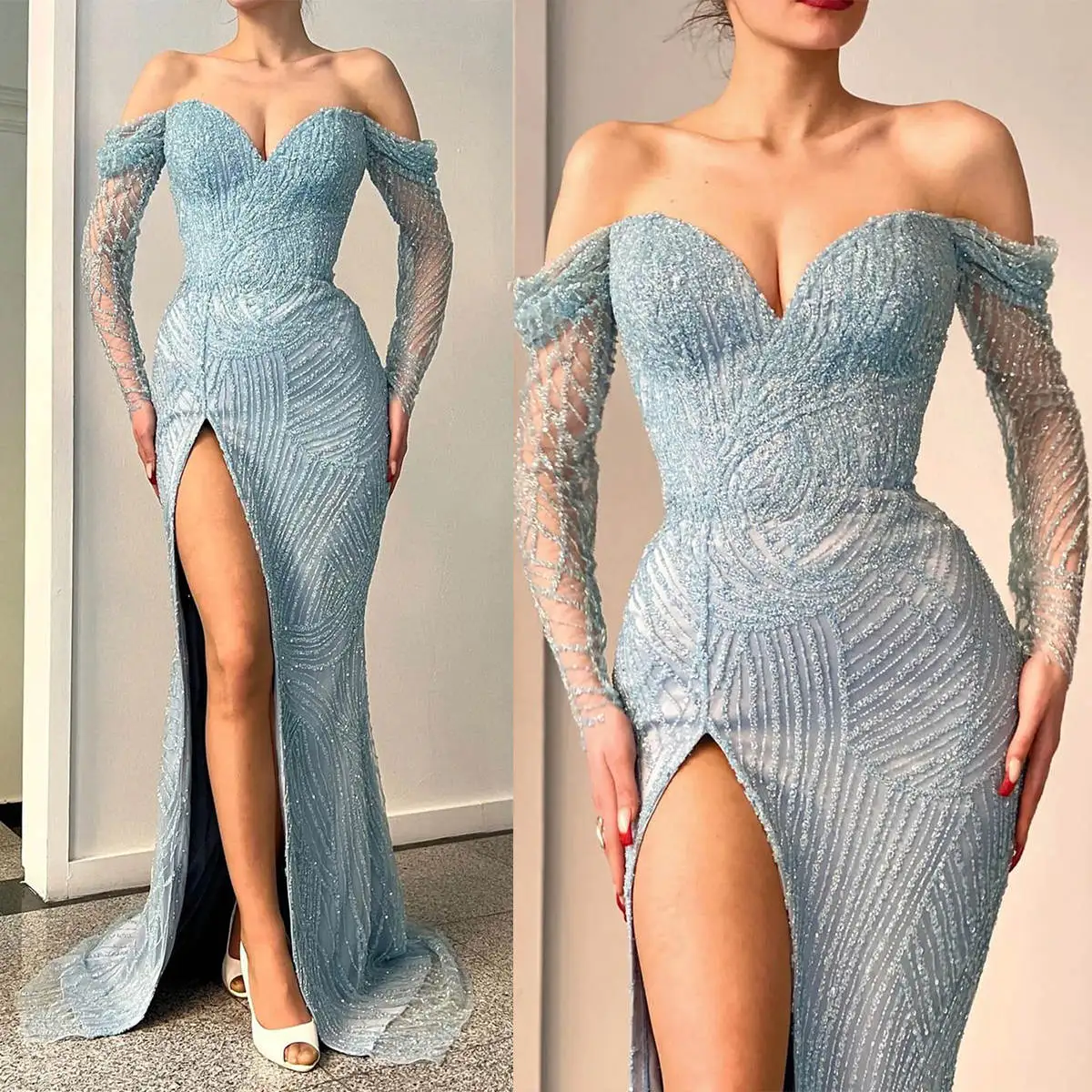 

Classic Mermaid Evening Dress Sequins Off Shoulder Long Sleeve Prom Gowns High Split Sweep Train Formal Dresses Customized