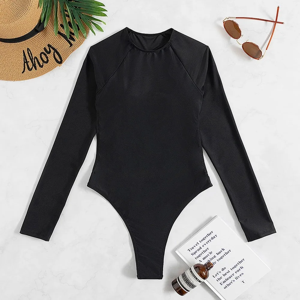 Sexy Long Sleeve Backless One Piece Swimsuit With Thong & Rhinestone Details Women's Tummy Control Bathing Suit Tankini Swimsuit