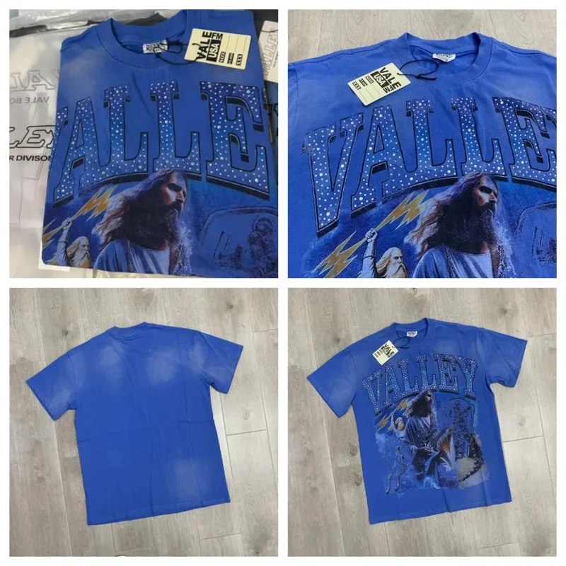 

Oversized VALLEY Hot Drill Letters T-Shirts Vintage Pure Cotton Blue Washed Vale Mens Short Sleeves