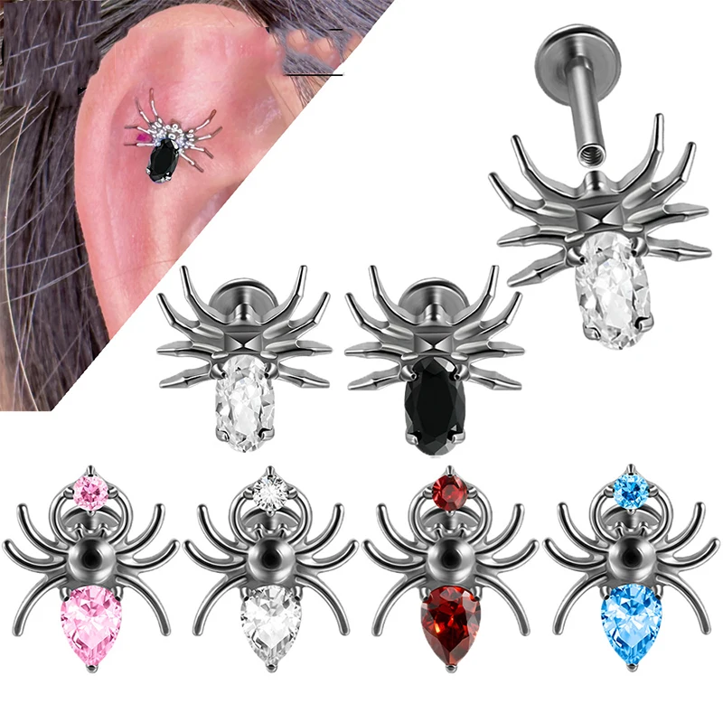 

1PC G23 Titanium Piercing Labret Lip Stud Internal Thread Ear Studs Spider Hoop Zircon Helix Cartilage Tragus Goth Jewelry 16G