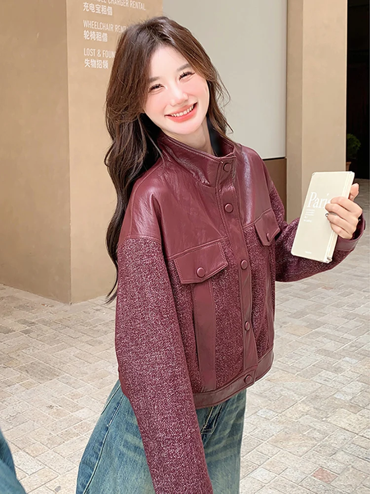 슈퍼 잘 생긴 접합 빨간색 가죽 자켓 여성 2025 봄 새로운 스타일 복고풍 패션 작은 스탠드 칼라 유행 재킷