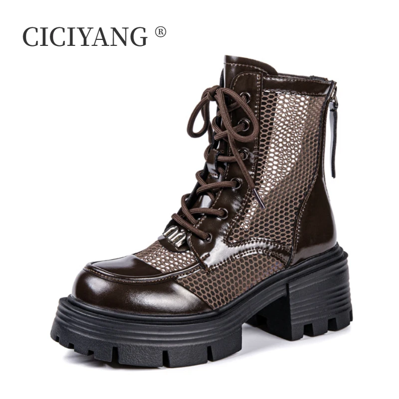 CICIYANG Genuine Leather Mesh Marton Boots Women 2024 New Summer Breathable Boots Platform High Heel Ladies Roman Sandals