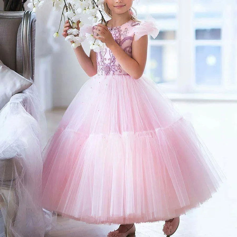 Personalizado rosa a linha vestido da menina de flor 2024 festa crianças aniversário tornozelo comprimento princesa miçangas apliques renda fofo sem costas